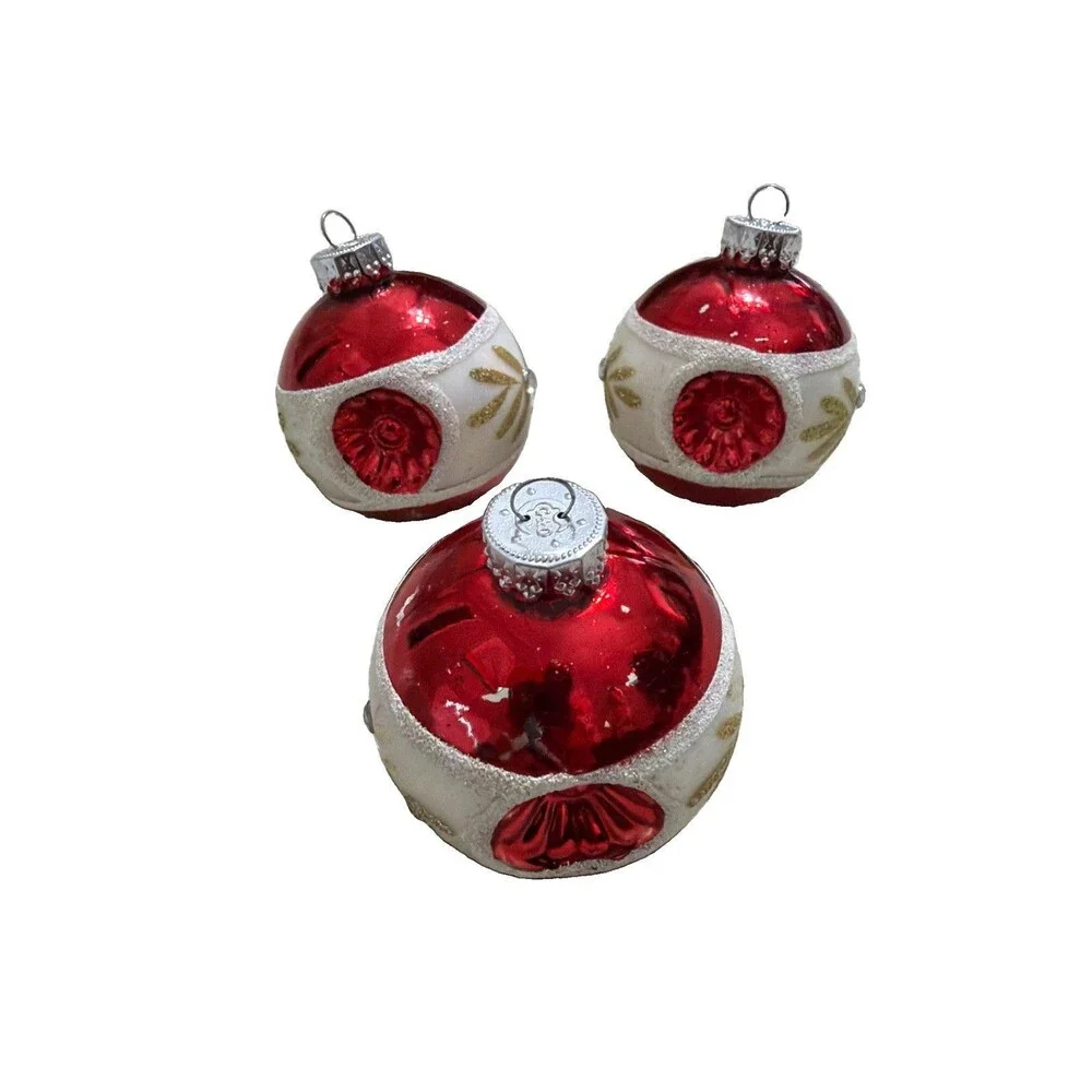Vtg G&D Reflector Blown Glass Christmas Ornaments 3” Red White & Gold Set Of 3
